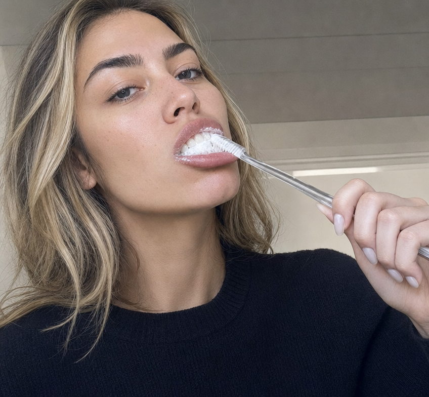 Brushing with Sipwhite tooth powder