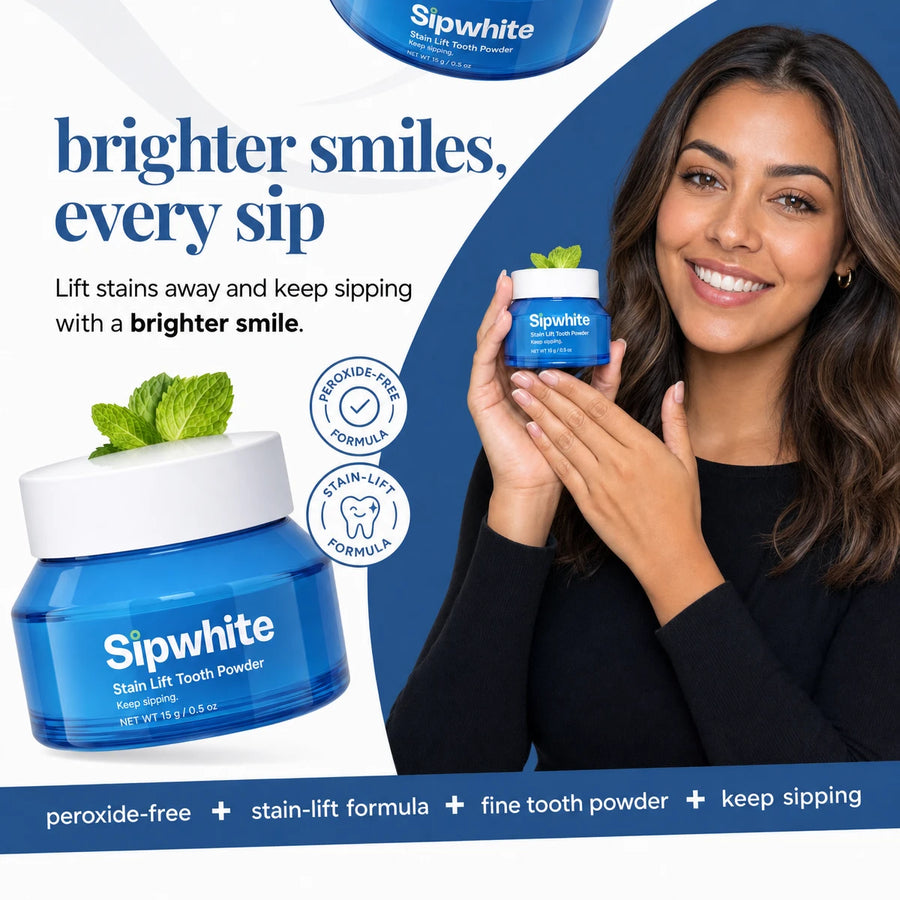 Woman holding a jar of Sipwhite: brighter smiles, every sip