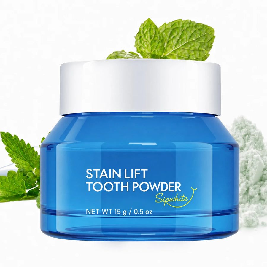 Sipwhite Stain Lift Tooth Powder jar, 15 g, with mint leaves