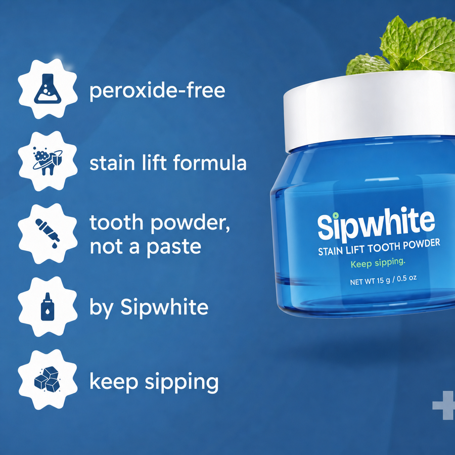 Sipwhite: peroxide-free, stain lift formula, tooth powder not a paste, keep sipping