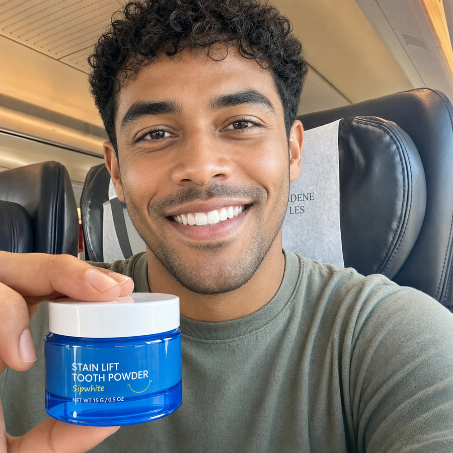 Man holding a jar of Sipwhite on a train