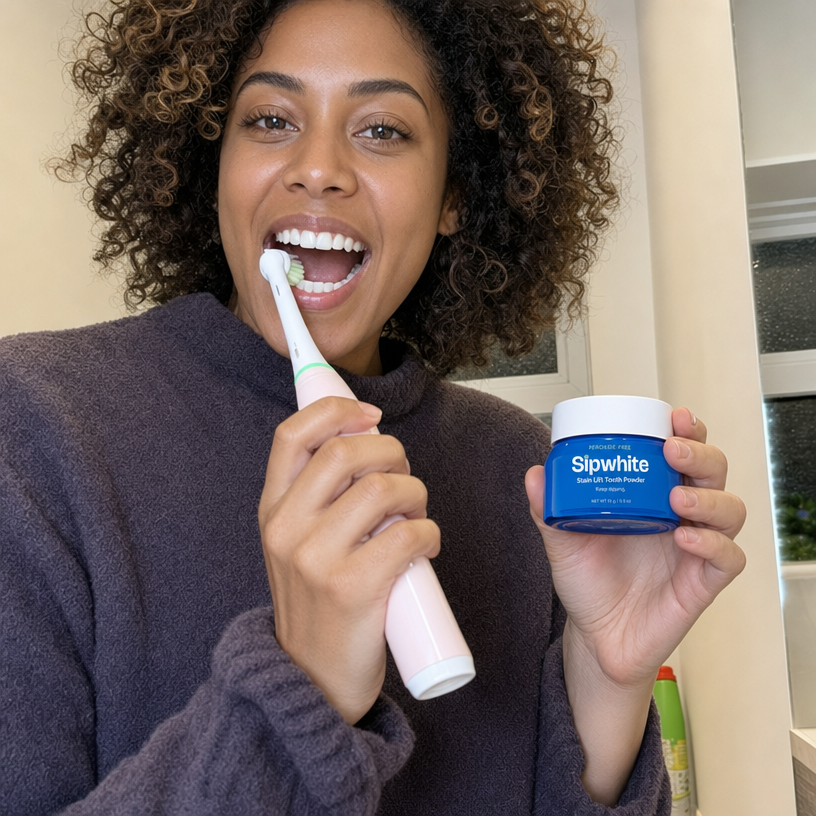 Woman brushing her teeth while holding a jar of Sipwhite